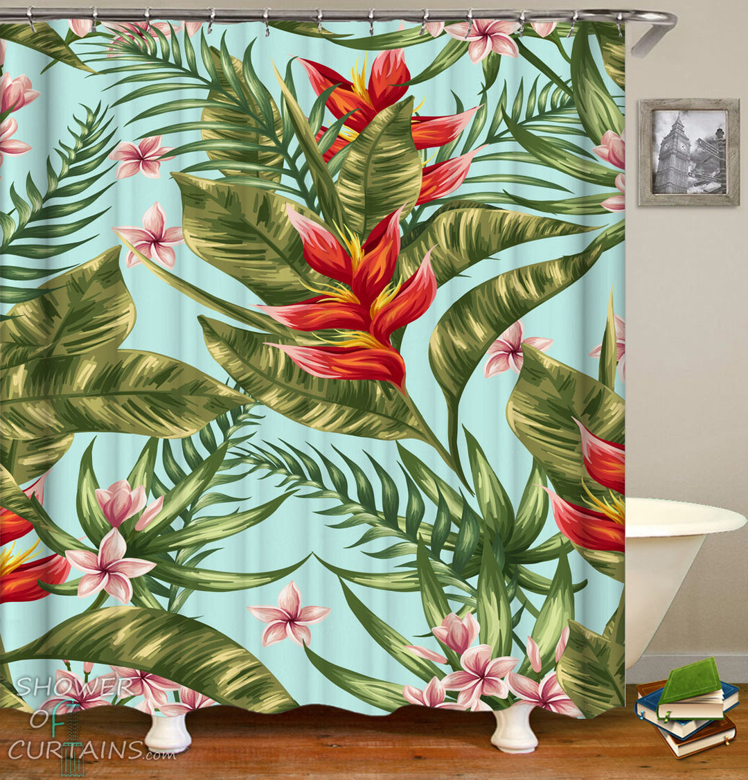 Tropical Shower Curtains of Tropical Red And Green With Plumerias (Frangipani) and Bird of Paradise