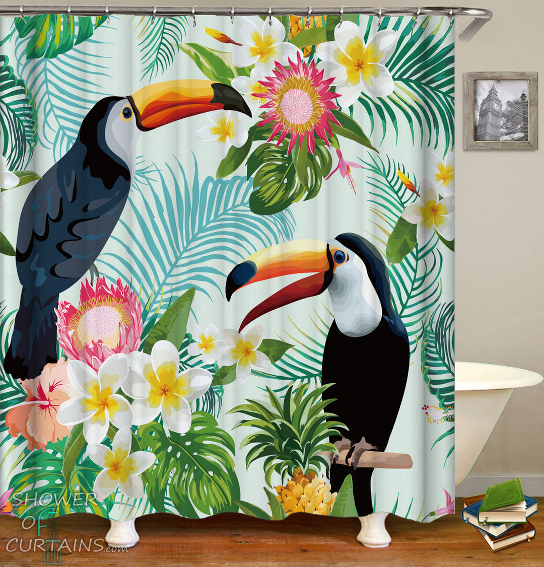 Tropical Shower Curtains of Tropical Vibes Toucans And Plumeria