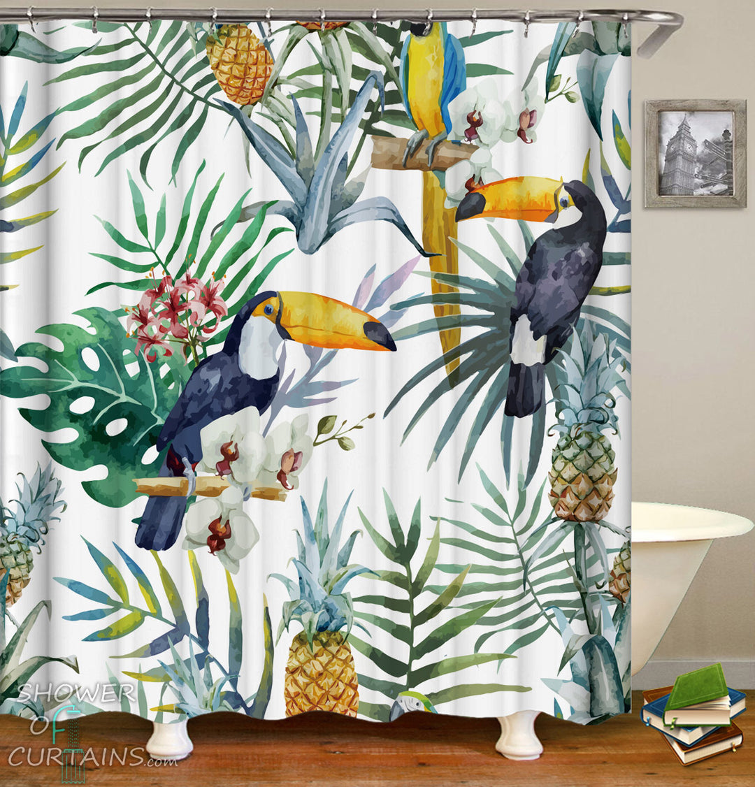 Tropicals Shower Curtains of Toucans ft Pineapples Painting