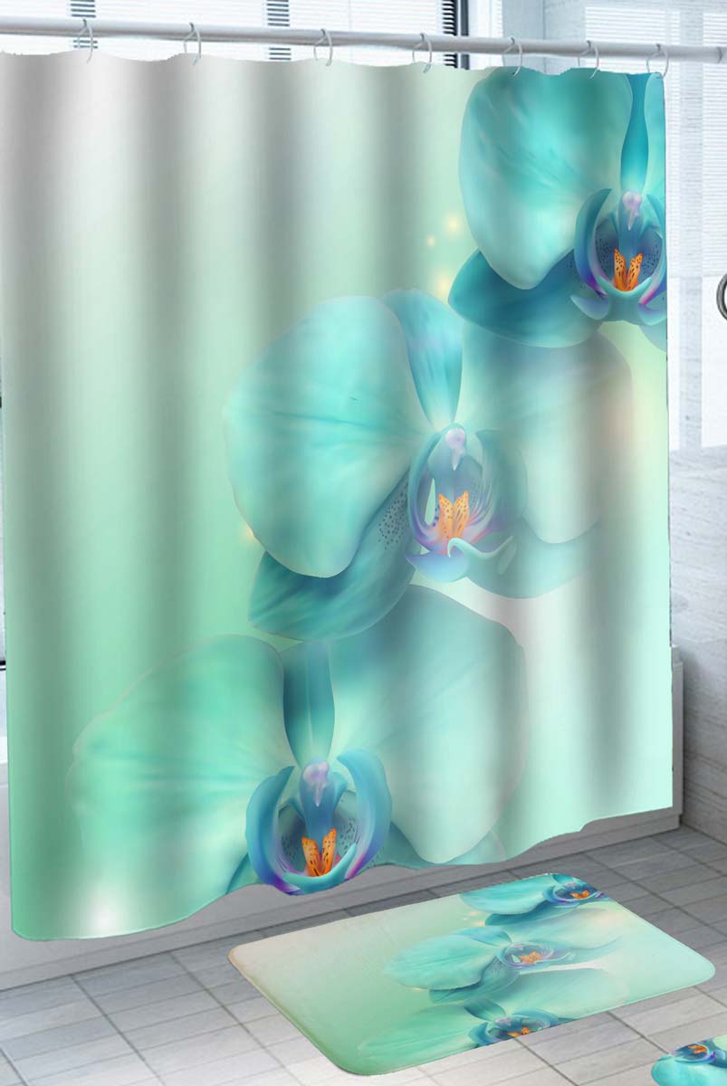 Turquoise Blue Orchid Flowers Shower Curtains