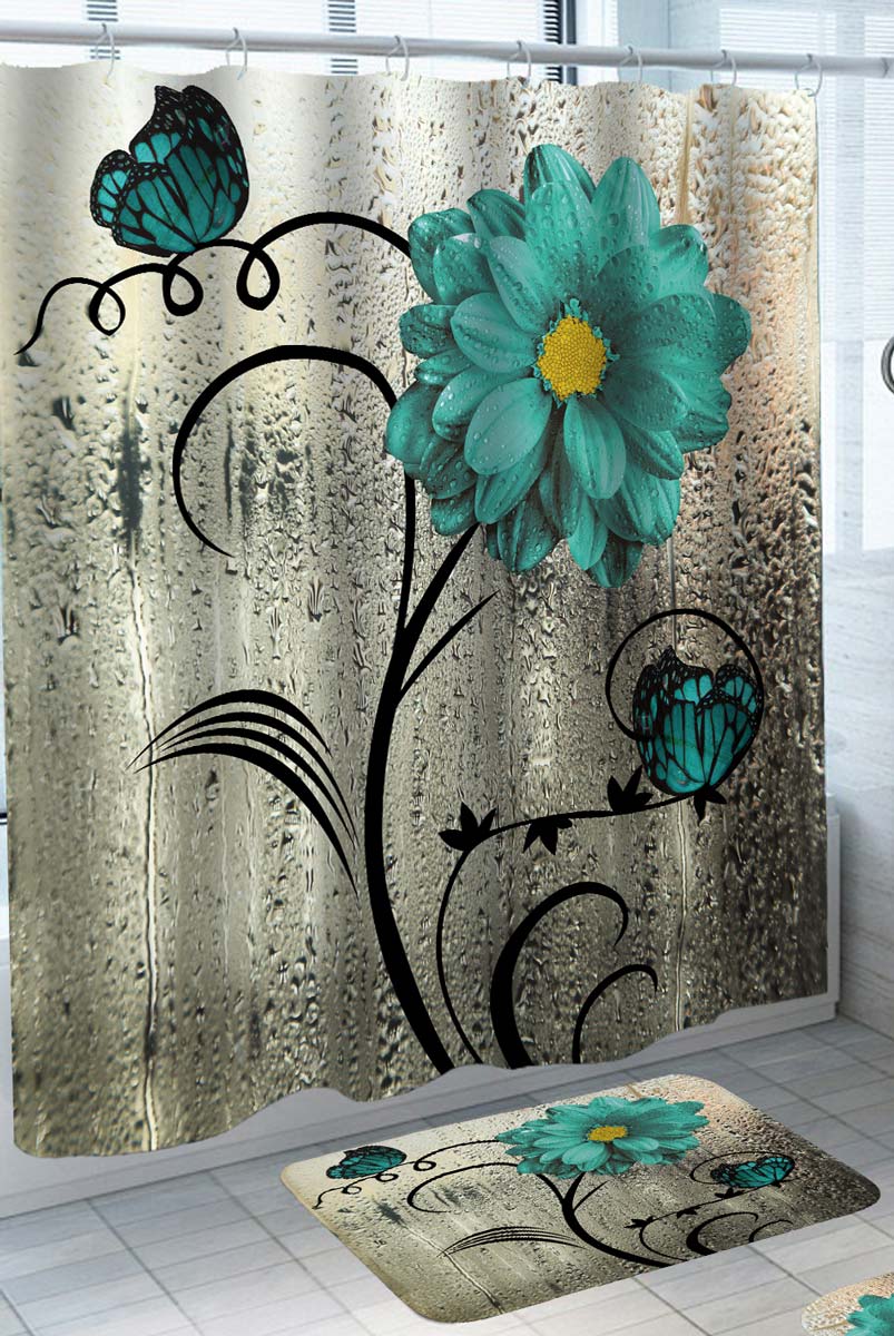 Turquoise Flower and Butterflies over Rainy Window Shower Curtain