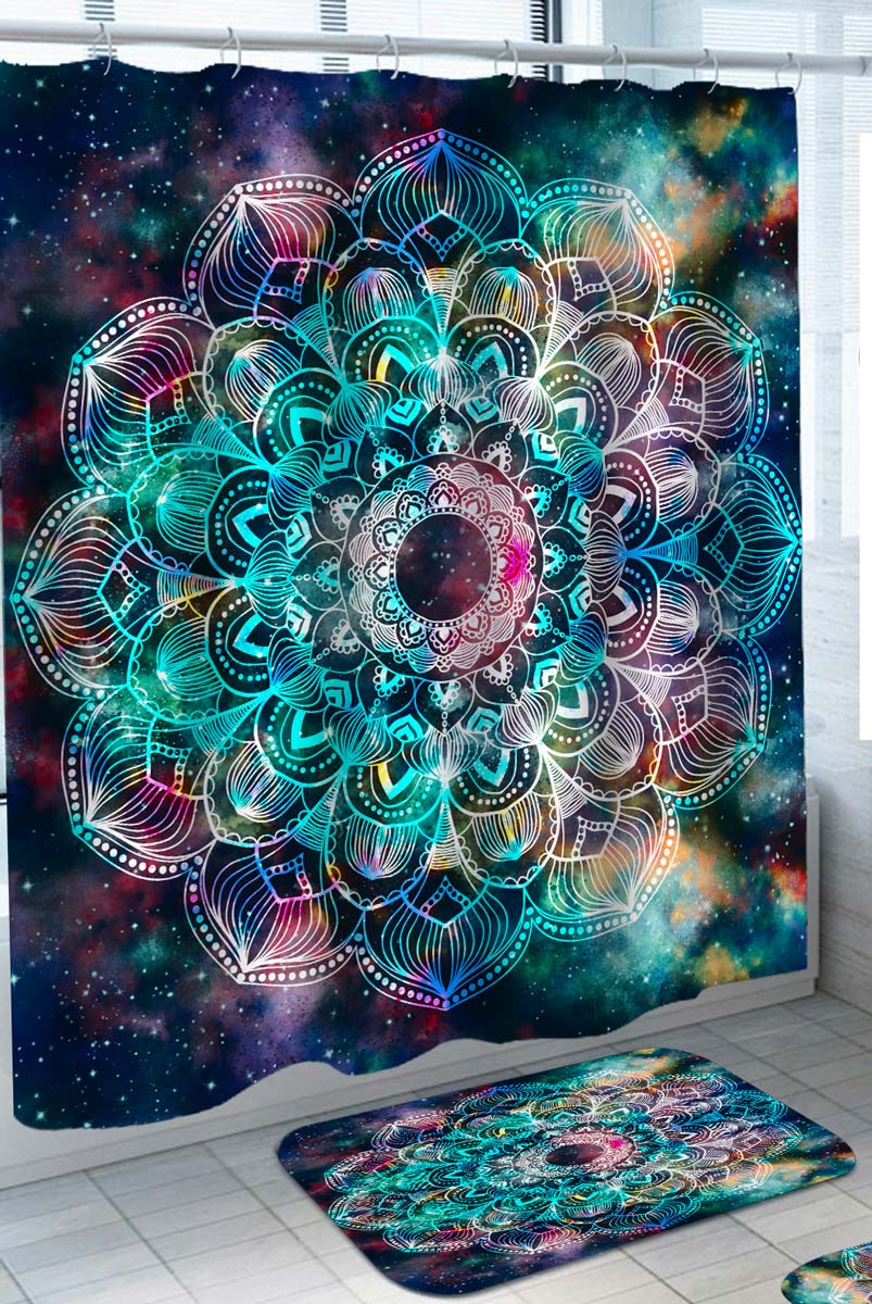 Turquoise Mandala over Space Shower Curtain