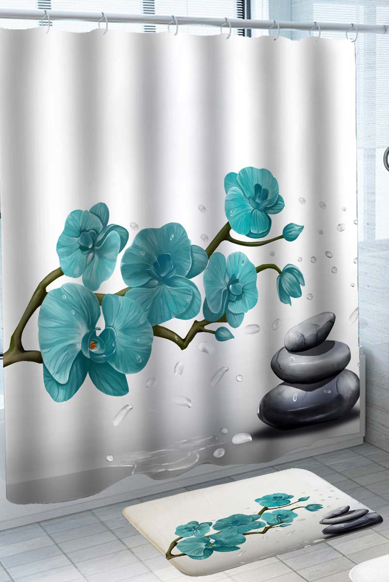 Turquoise Orchid Shower Curtain and Pebbles Spa Shower Curtain and Rugs