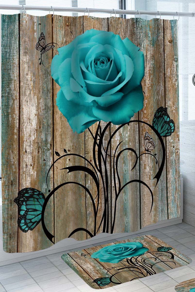 Turquoise Rose Over Wood Deck Shower Curtain