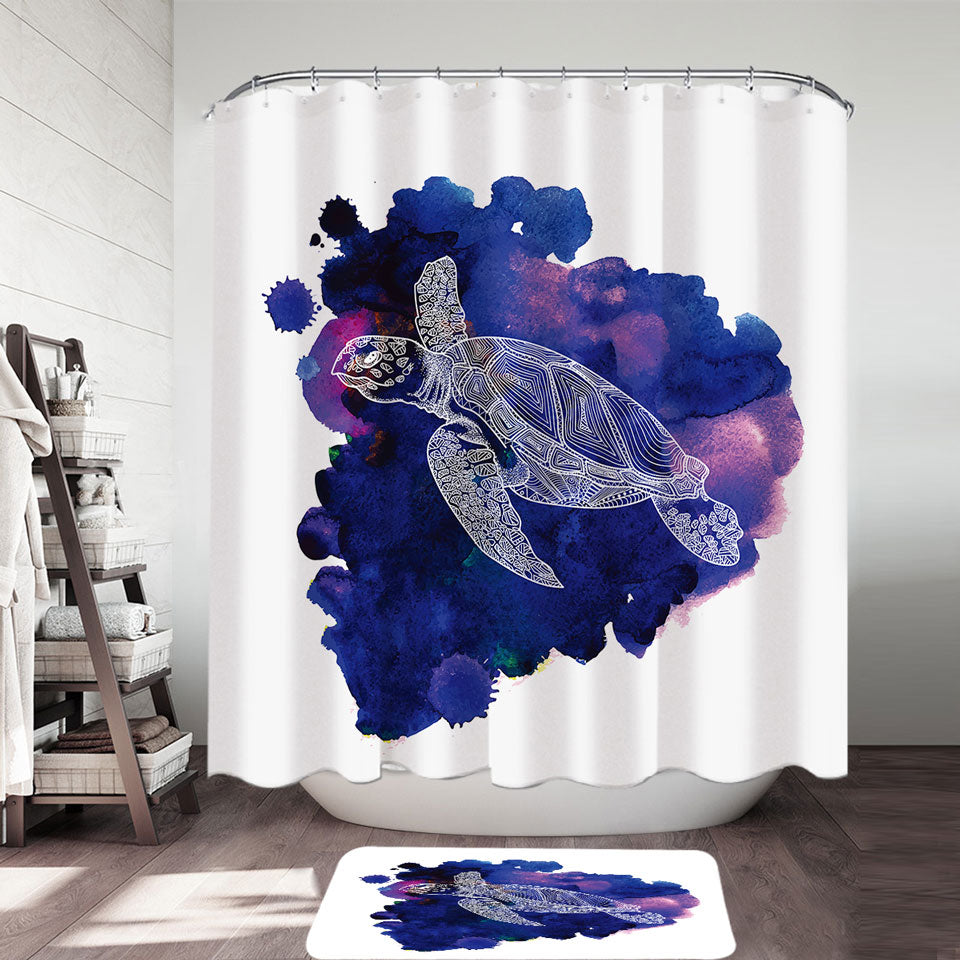 Turtle Shower Curtains over Dark Blue Paint Stain