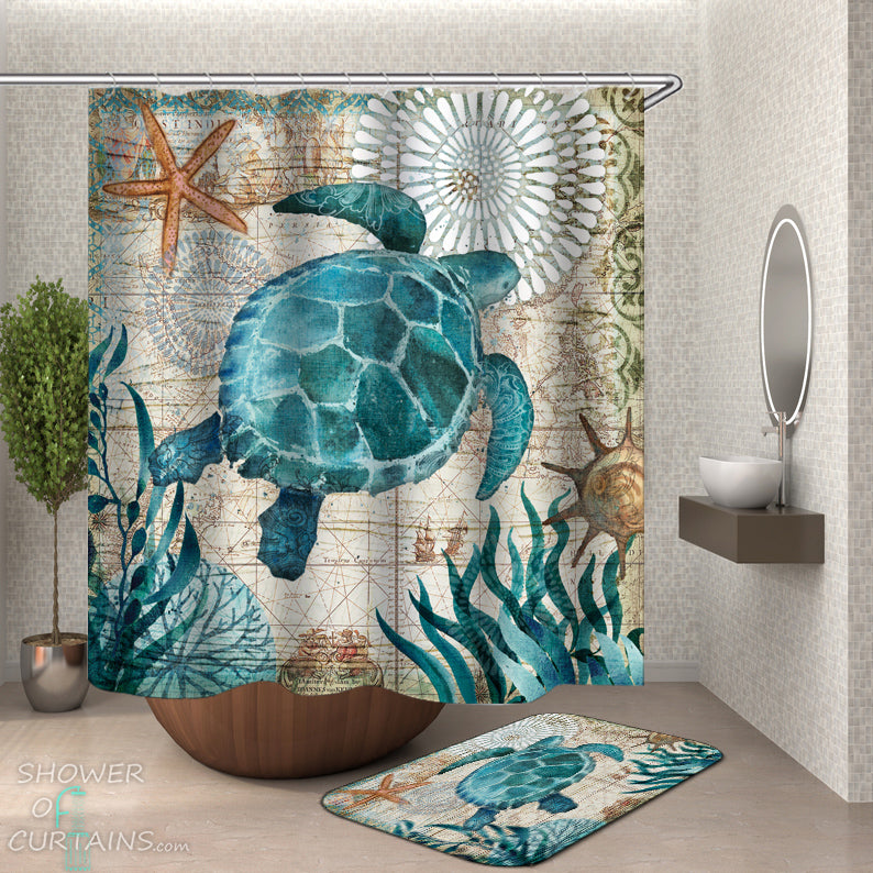 Turtle Shower Curtain of Vintage Map Turtle