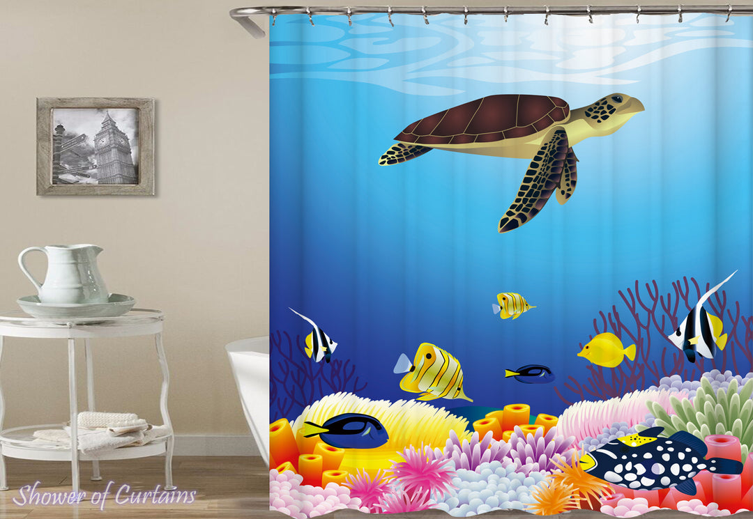 Turtle Swims In The Reef shower curtains
