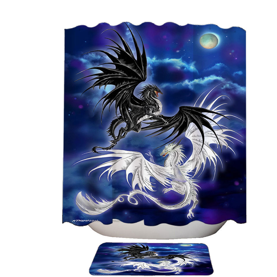 Twilight Duel Black vs White Dragons Shower Curtains and Bathroom Rugs