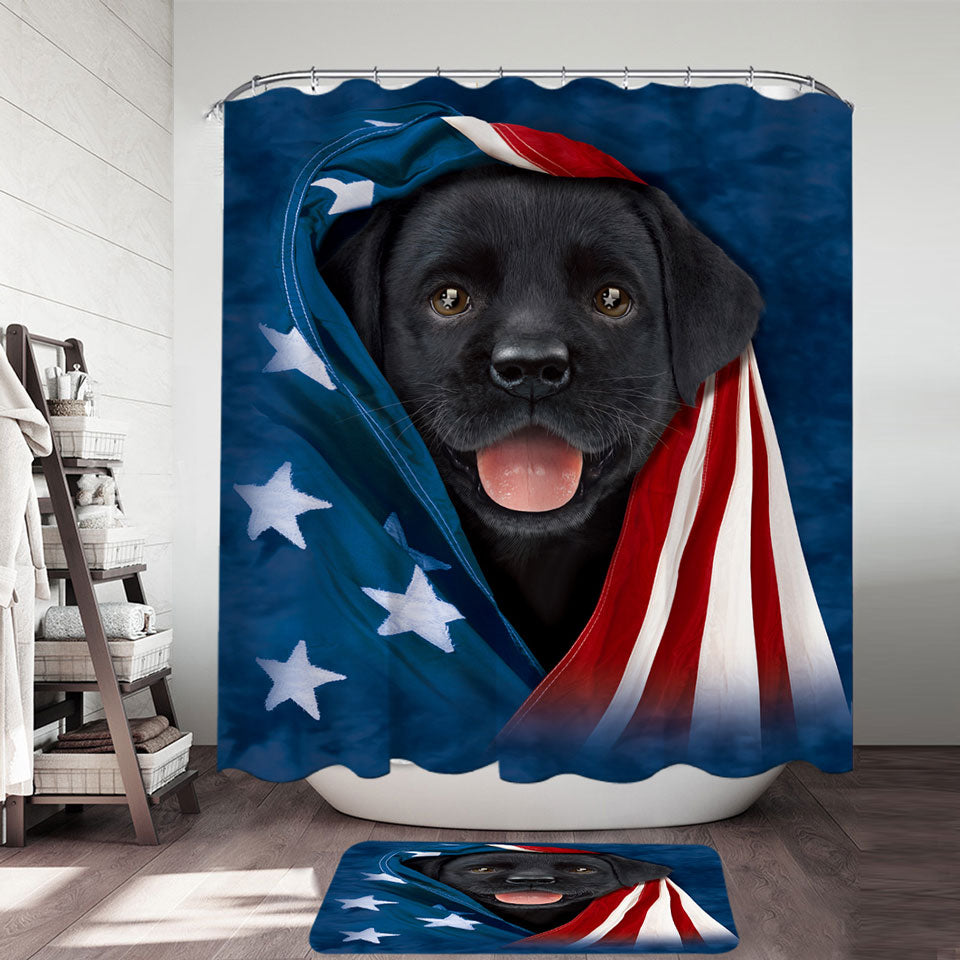 USA Flag Cute Black Labrador Puppy Shower Curtain