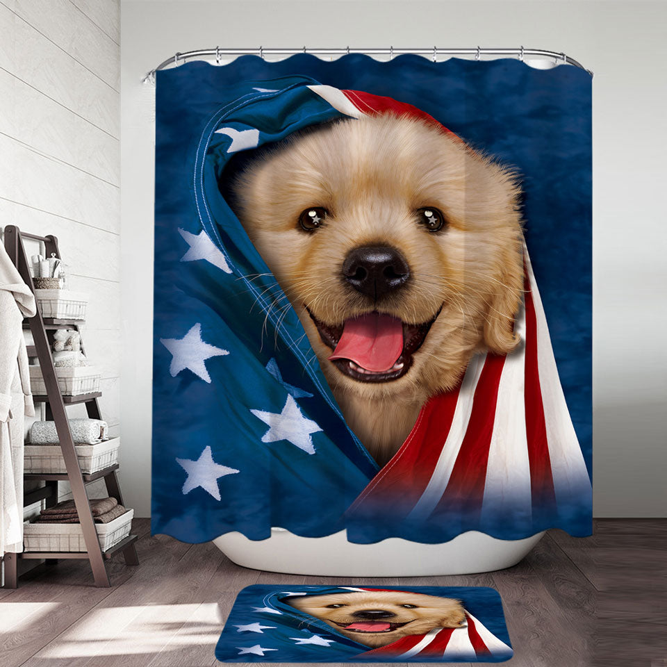 USA Flag Cute Golden Labrador Puppy Shower Curtain