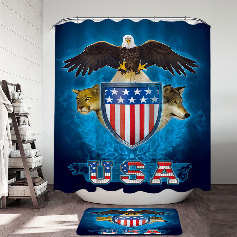 USA Shower Curtain Trinity Eagle Leopard Wolf