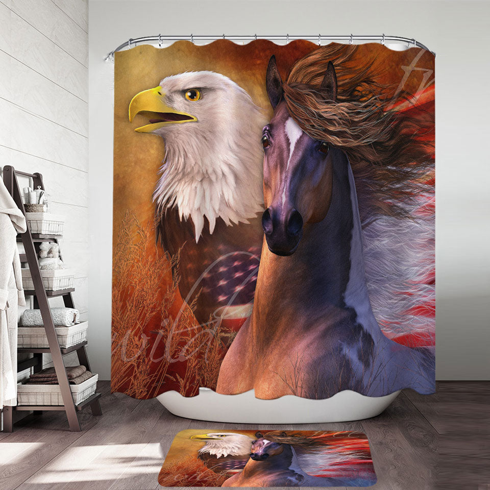 USA Shower Curtains Wild and Free American Eagle and Horse