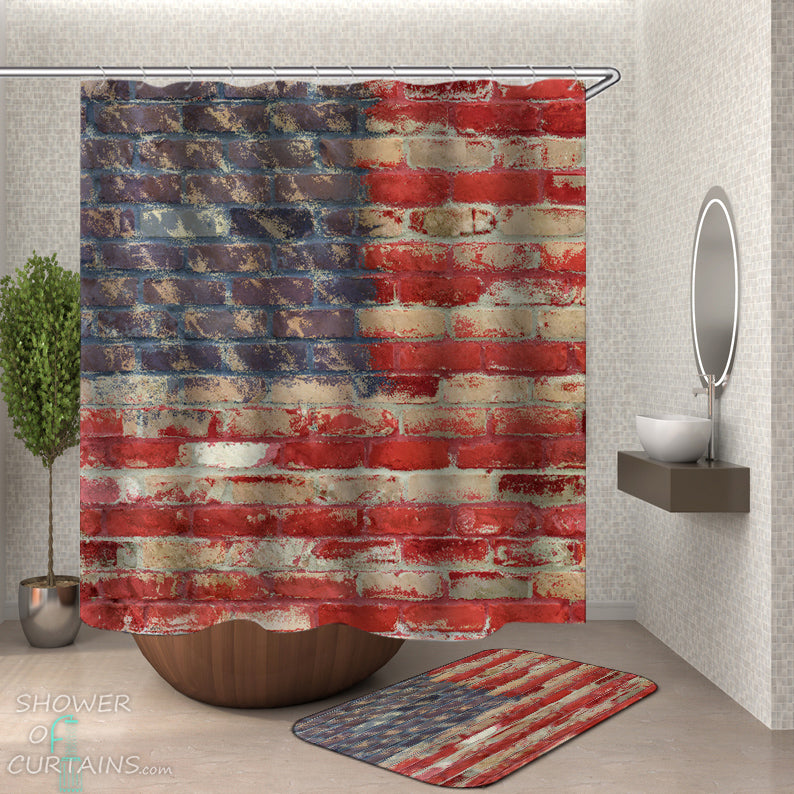 USA American Flag Shower Curtain - Brick Wall American Flag
