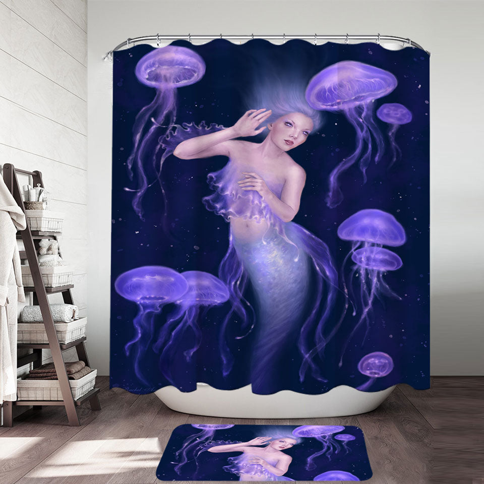 Underwater Art Purple Jellyfish and Mermaid Shower Curtains