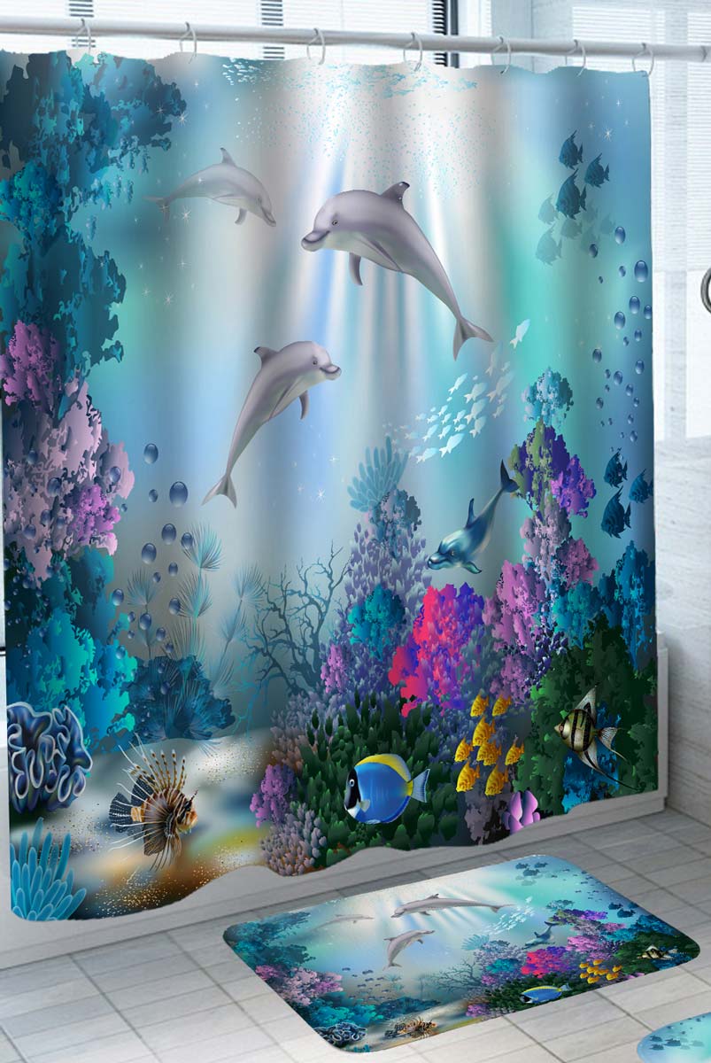 Underwater Shower Curtain with Colorfulness Coral Fish and Dolphins