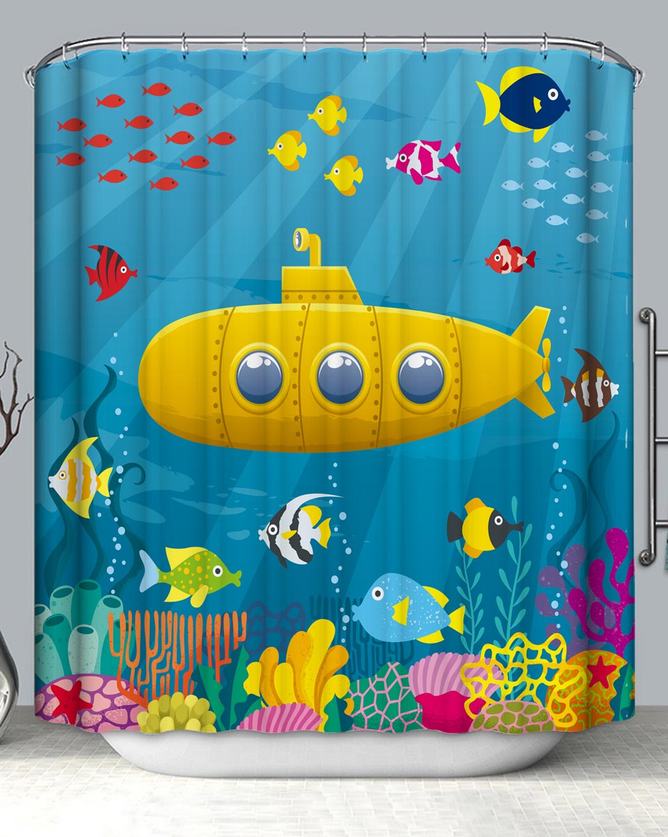 Underwater Themed Shower Curtain Yellow Submarine Multi Colored Coral and Fish