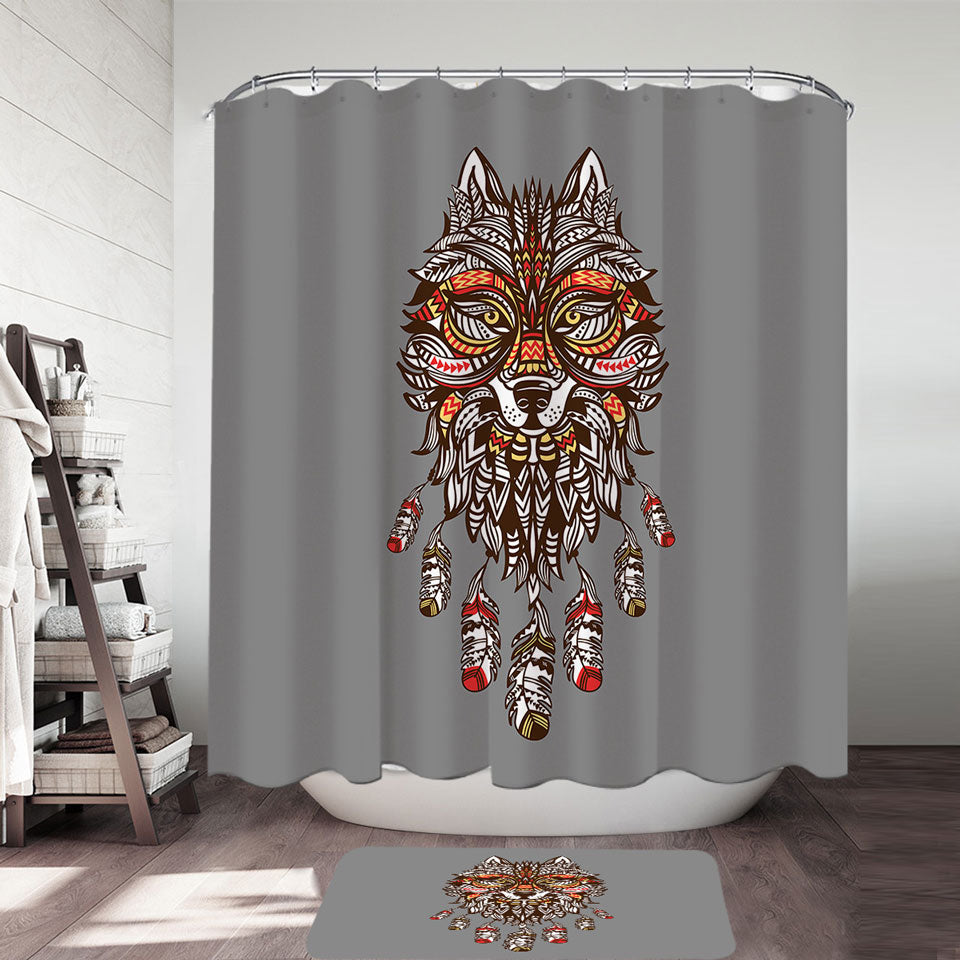 Unique Red and Yellow Native American Wolf Cool Shower Curtains