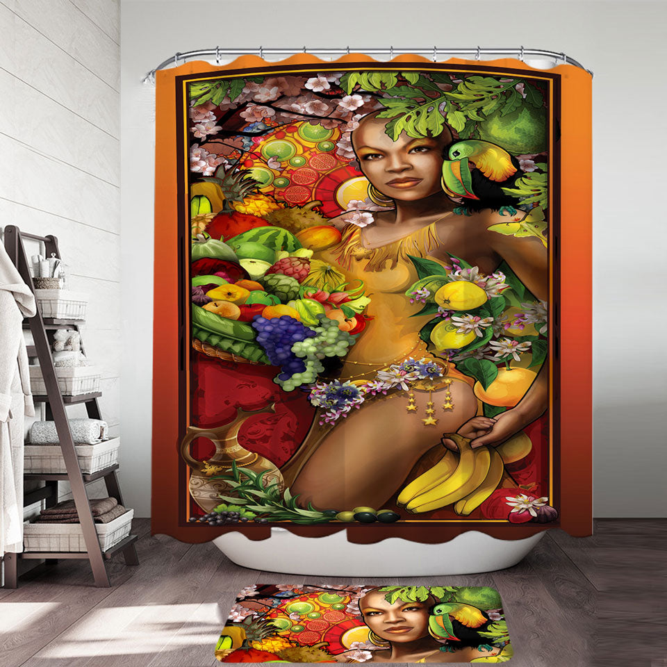 Unique Shower Curtains Stunning Black Woman Goddess of Fruit