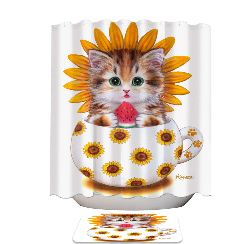 Unique Shower Curtains for Kids Cute Cat Art Paintings the Sunflower Cup Kitten
