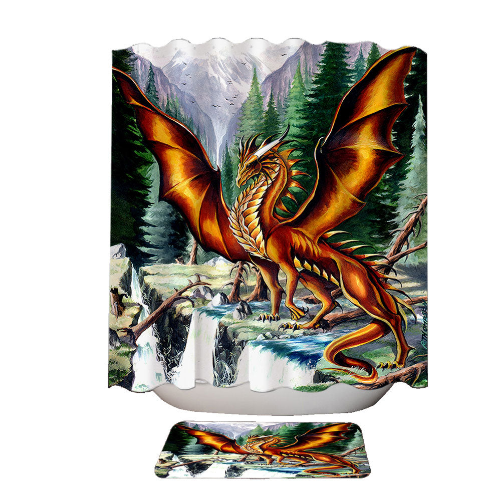 Unique Shower Curtains of Nature Mountain Waterfall Forest Solaris Dragon