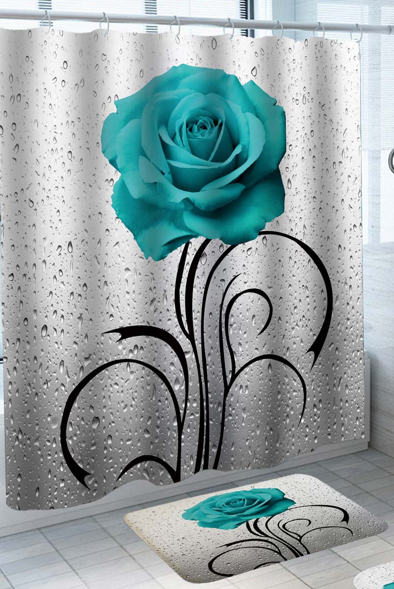 Unique Shower Curtains of Turquoise Flower over Rainy Glass Window