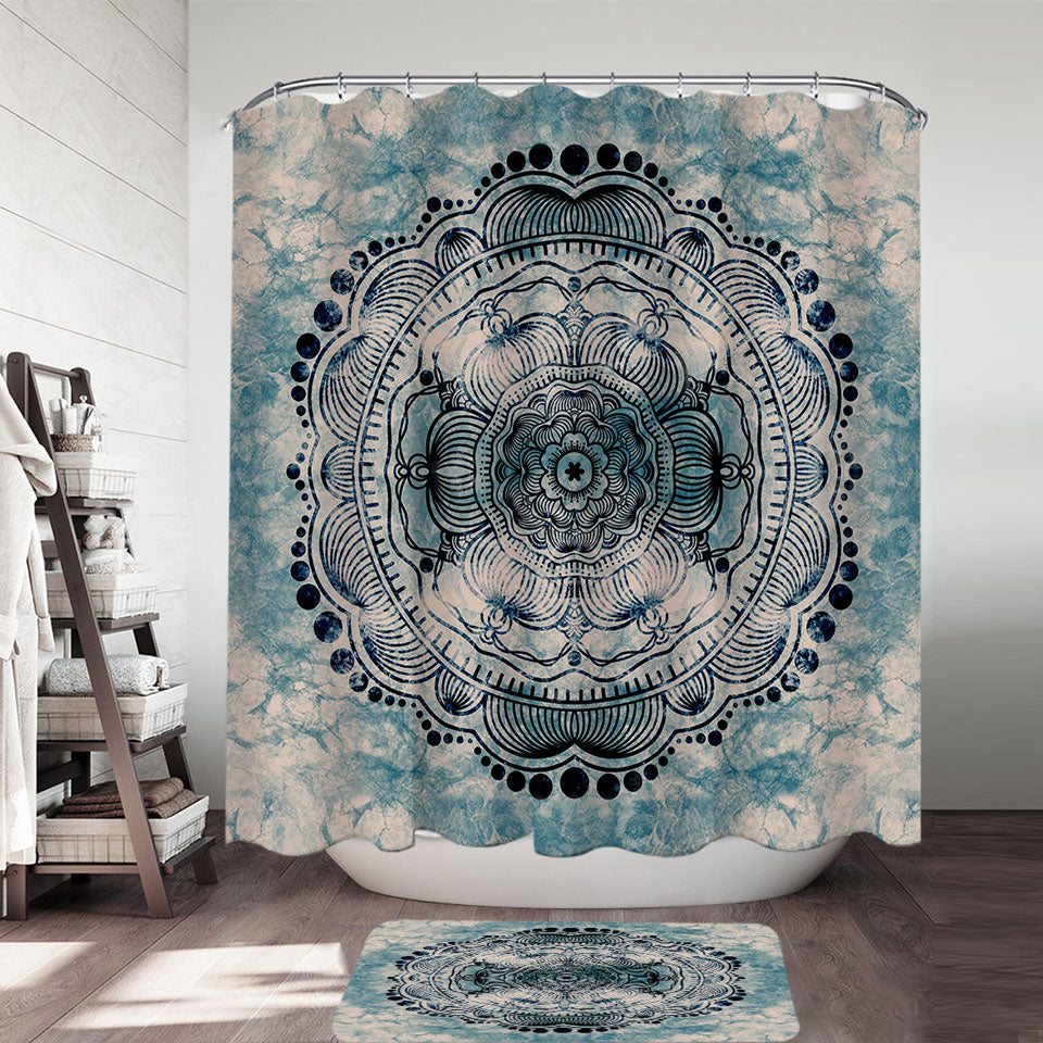 Unique Shower Curtains with Black Royal Mandala on Dark Blue Rock