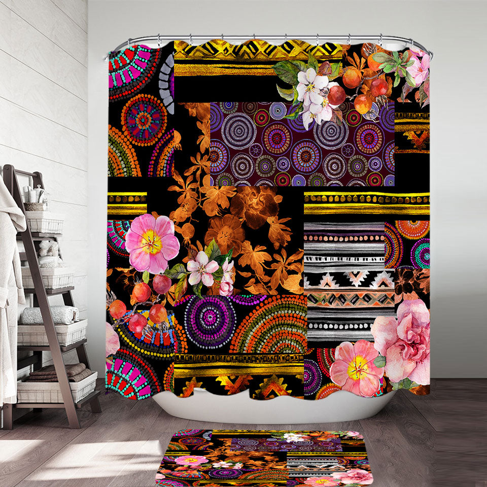 Unique Shower Curtains with Mandalas and Flowers Dark Messy Design