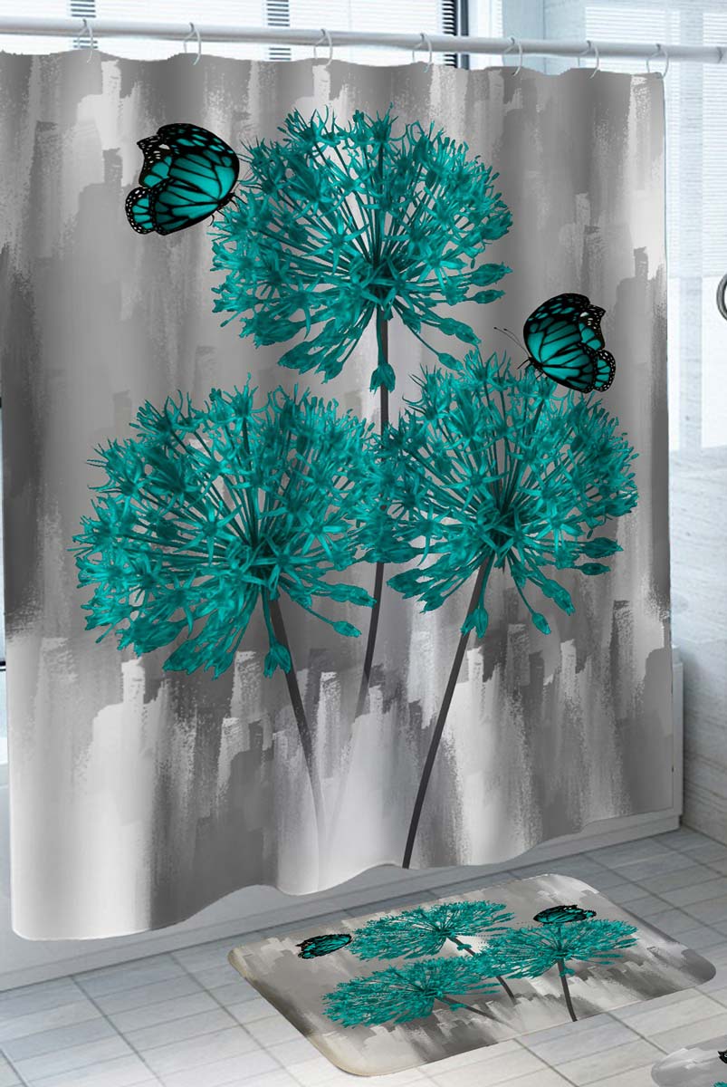 Unique Shower Curtains with Turquoise Groundsel and Butterflies