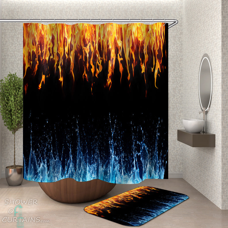 Unique Shower Curtains of Water VS Fire Shower Curtain and Bath Mat