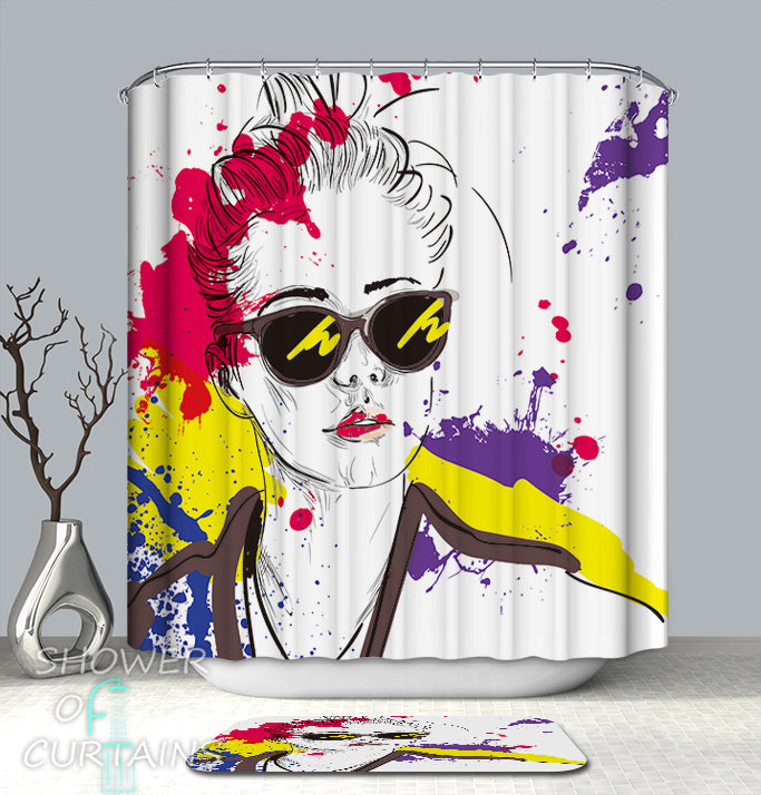 Urban Art Shower Curtain of Urban Lady Drawing Multi Colored Splashes