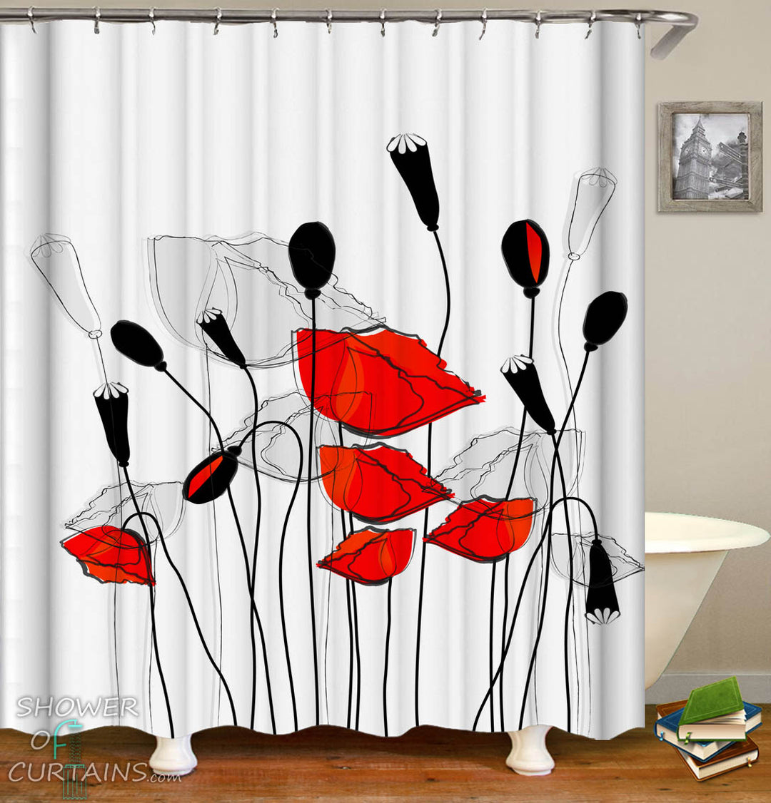 Urban Red and Black Flowers Shower Curtain