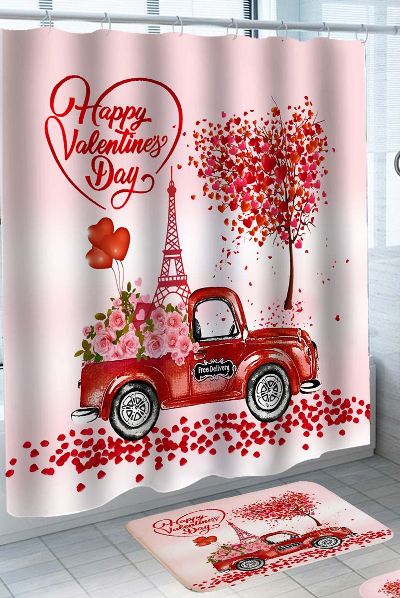 Valentines Day Shower Curtain Eiffel Tower Flowers Truck