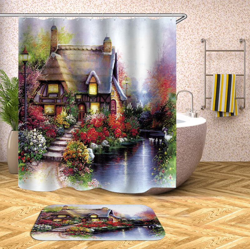 Village House Shower Curtain with Floral Garden by the Lake