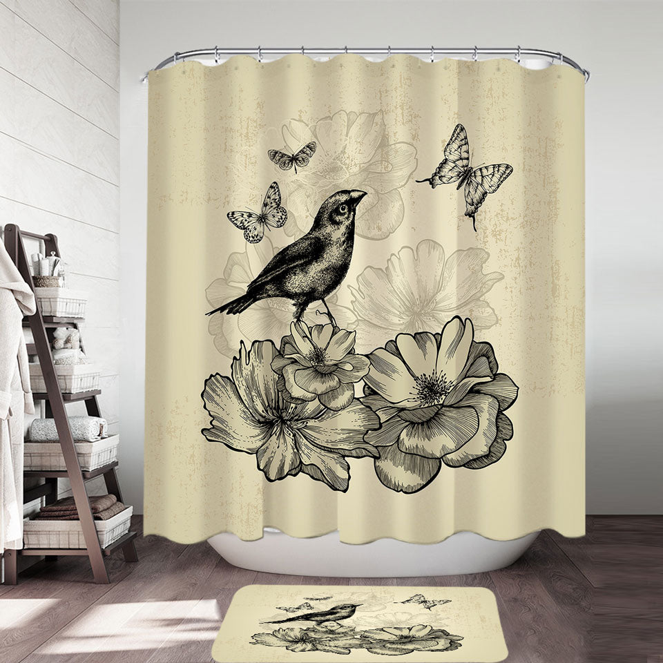 Vintage Shower Curtain Drawing Bird Flowers Butterflies