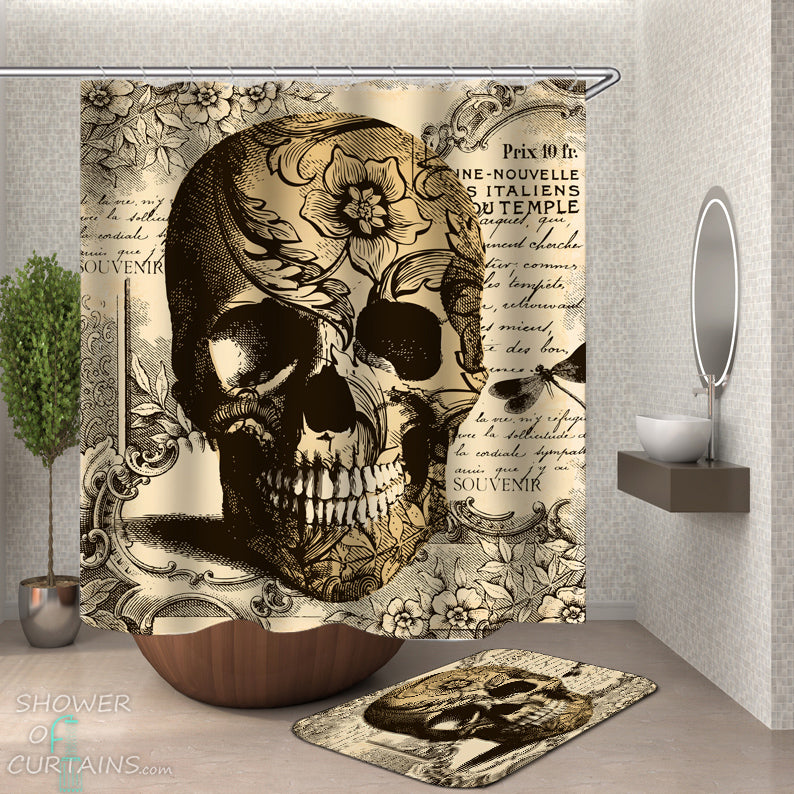 Vintage Skull Shower Curtain - Skull Bath Mat