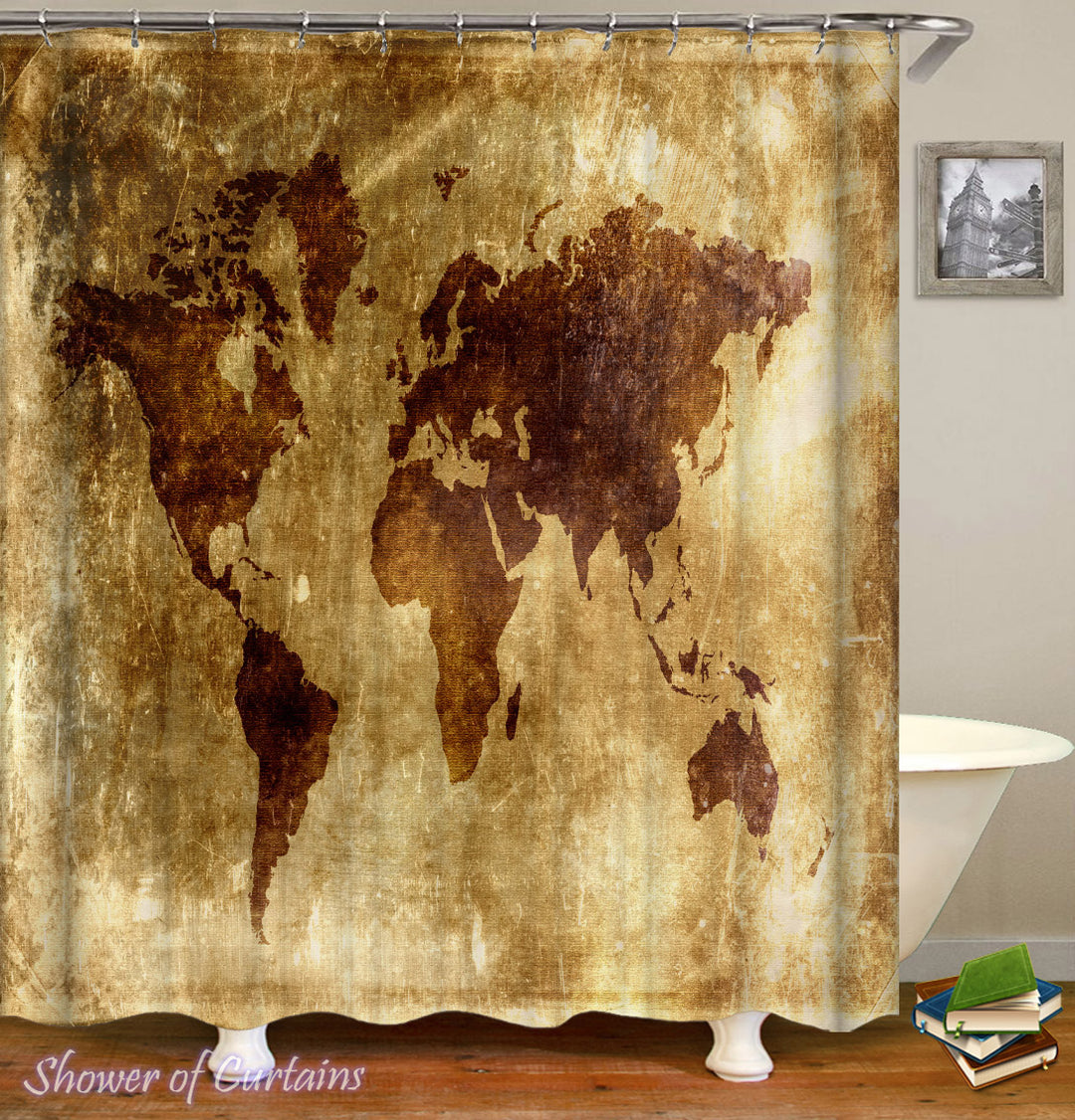 Vintage World Map Shower Curtains - Old Leather Sheet World Map