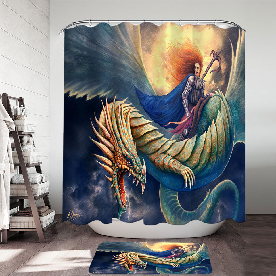Warrior Riding a Scary Dragon Shower Curtain