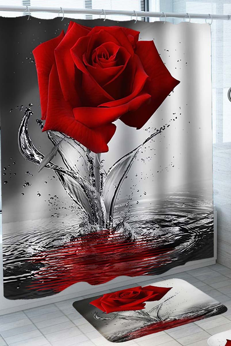 Water Stem Red Rose Shower Curtain with Flower