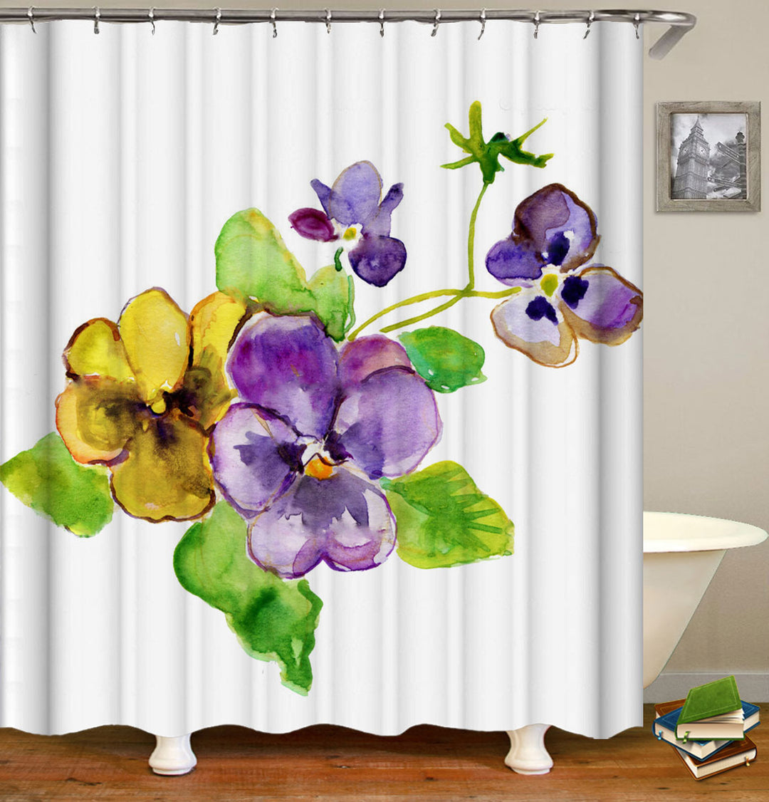 Watercolor Yellow Purple Violet Flowers Shower Curtain