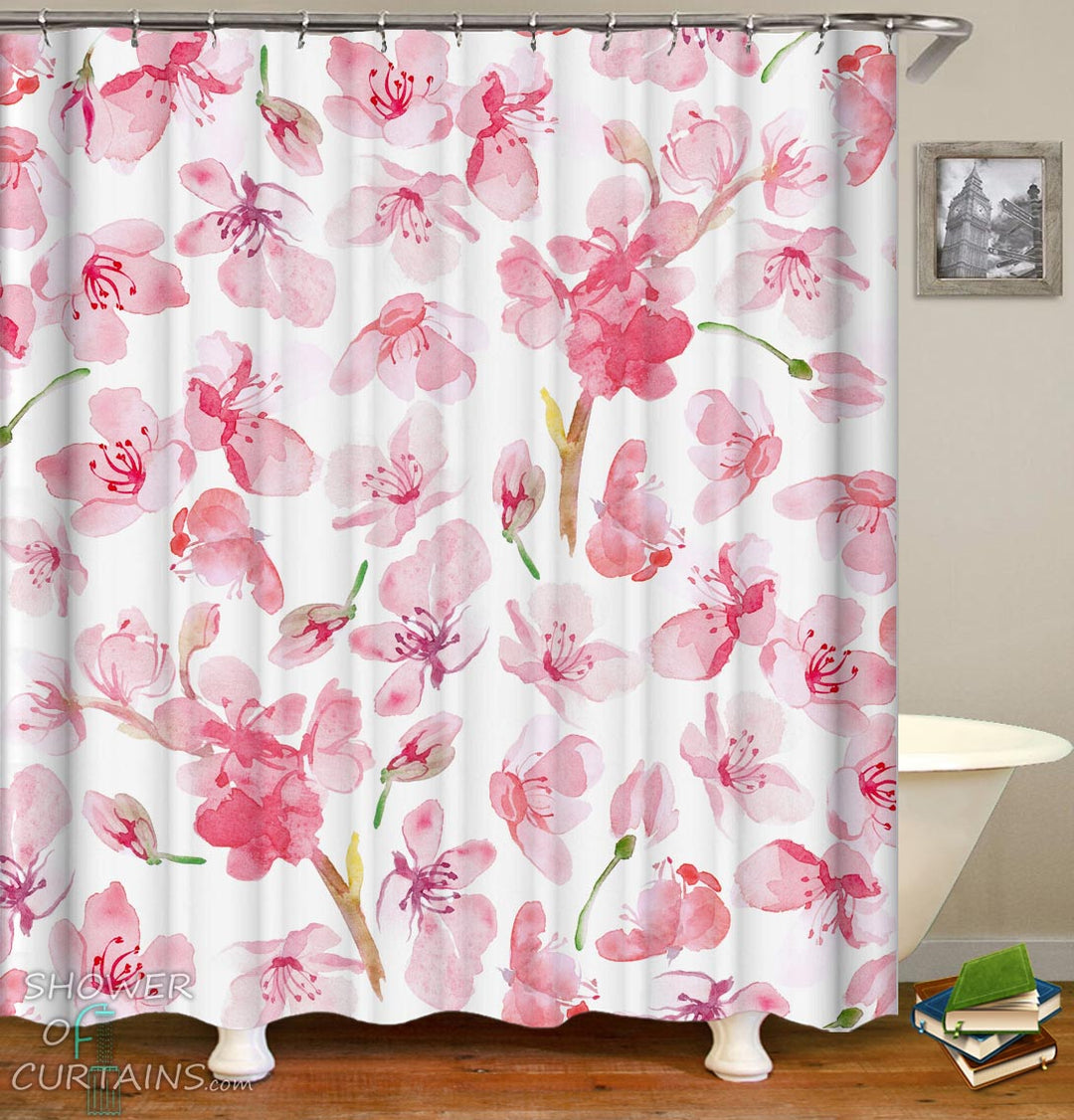 Watercolor Pink Flowers Shower Curtain - Floral Bathroom Decor