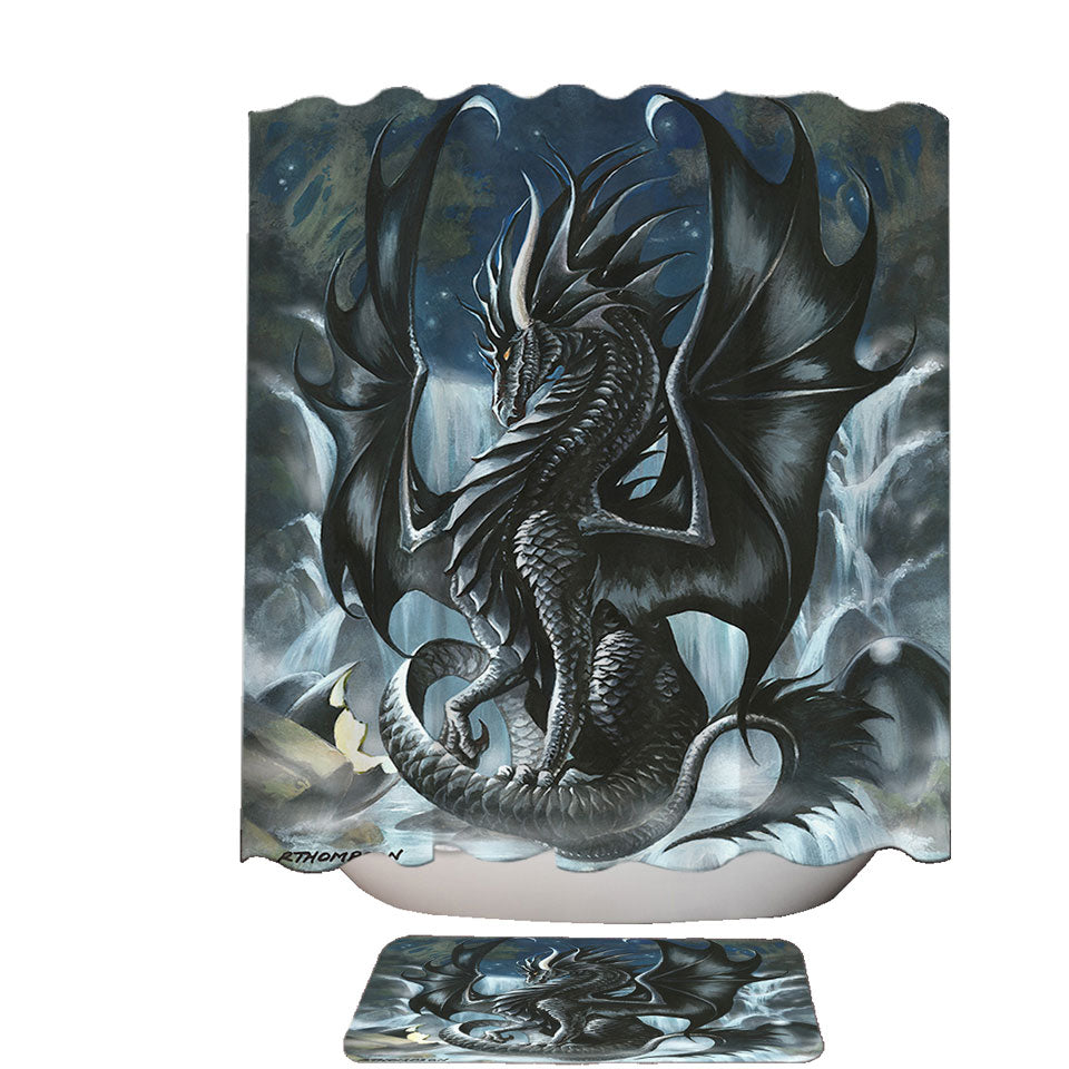 Waterfall Obsidian Black Dragon Shower Curtains and Bathroom Mats Rugs