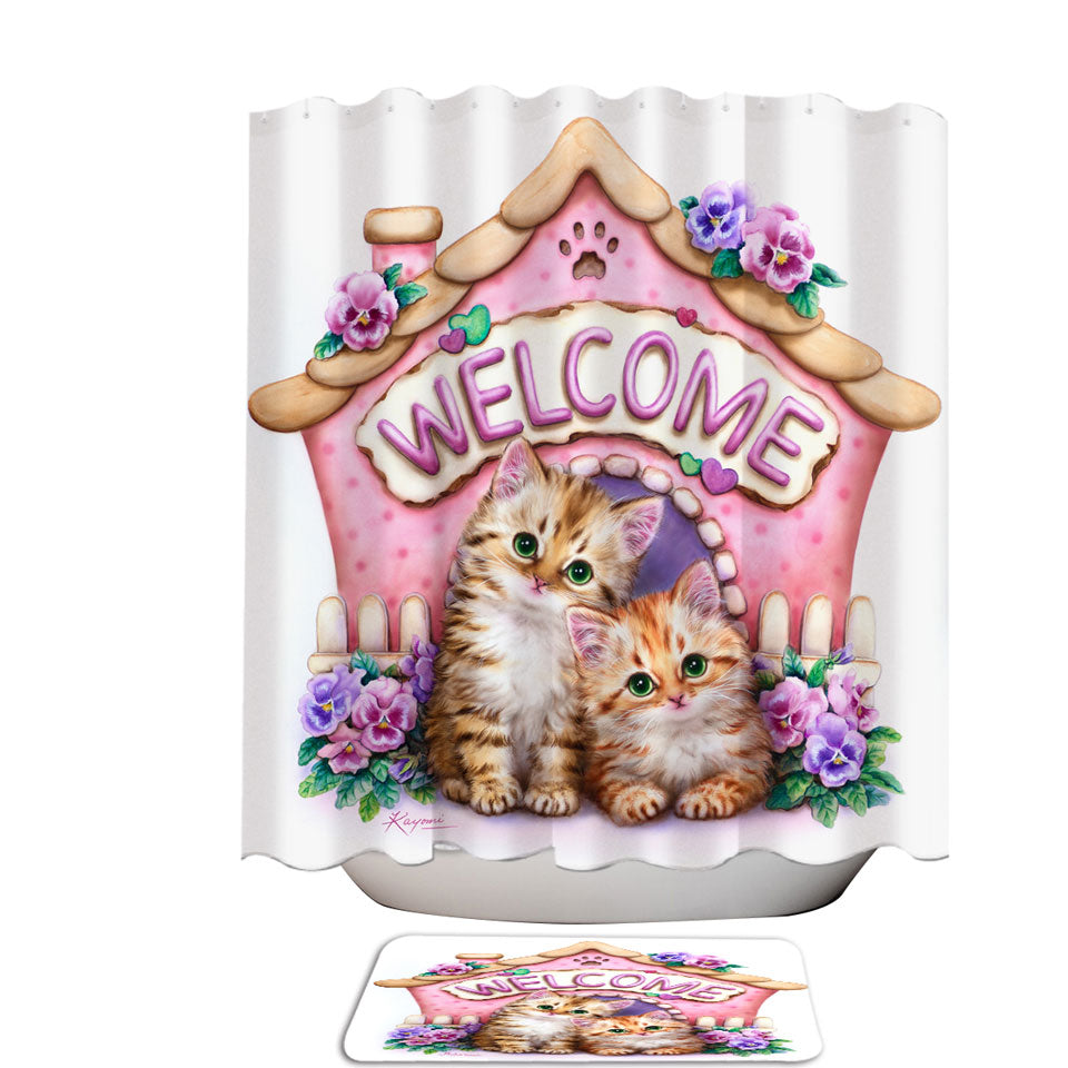 Welcome Shower Curtain Tabby Ginger Kittens and Violet Flowers