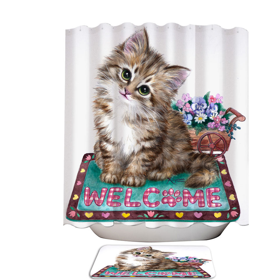 Welcome Shower Curtains Flowers and Adorable Kitty Cat