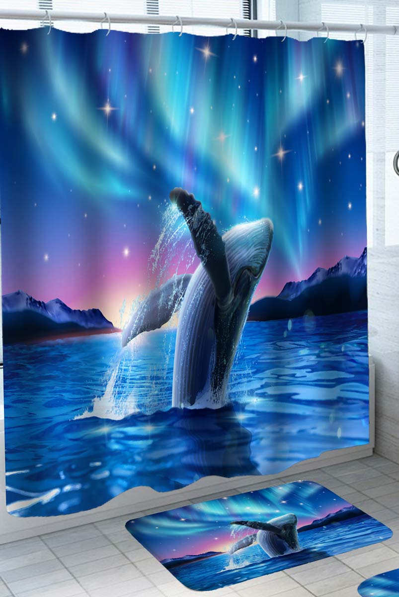 Whale Jumping under the Aurora Shower Curtain