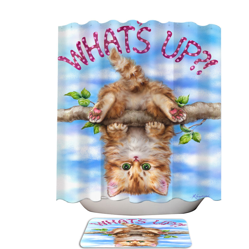 Whats Up Cute Funny Ginger Kitten on Branch Shower Curtains online