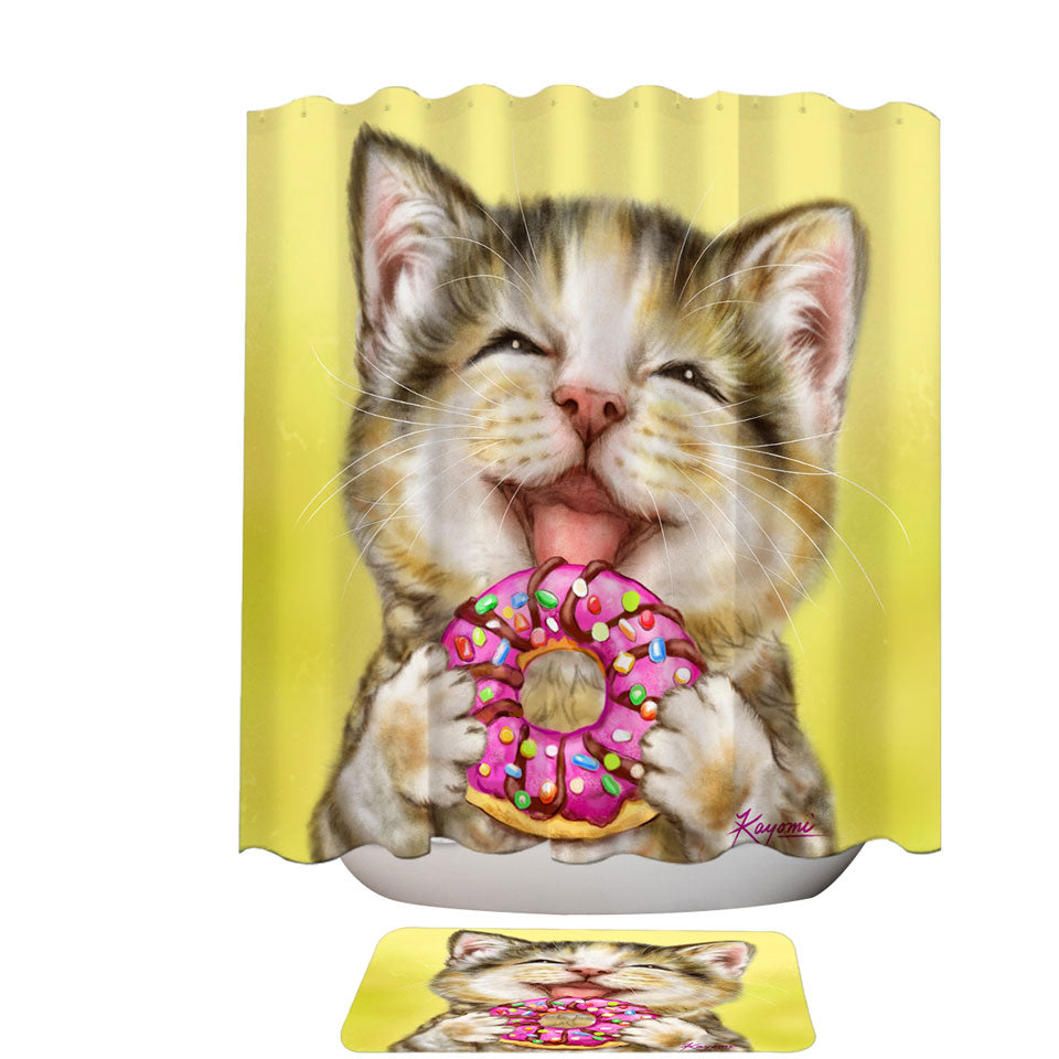 Where to Buy Shower Curtains That are Funny Cats Happy Tabby Kitten Eating Doughnut
