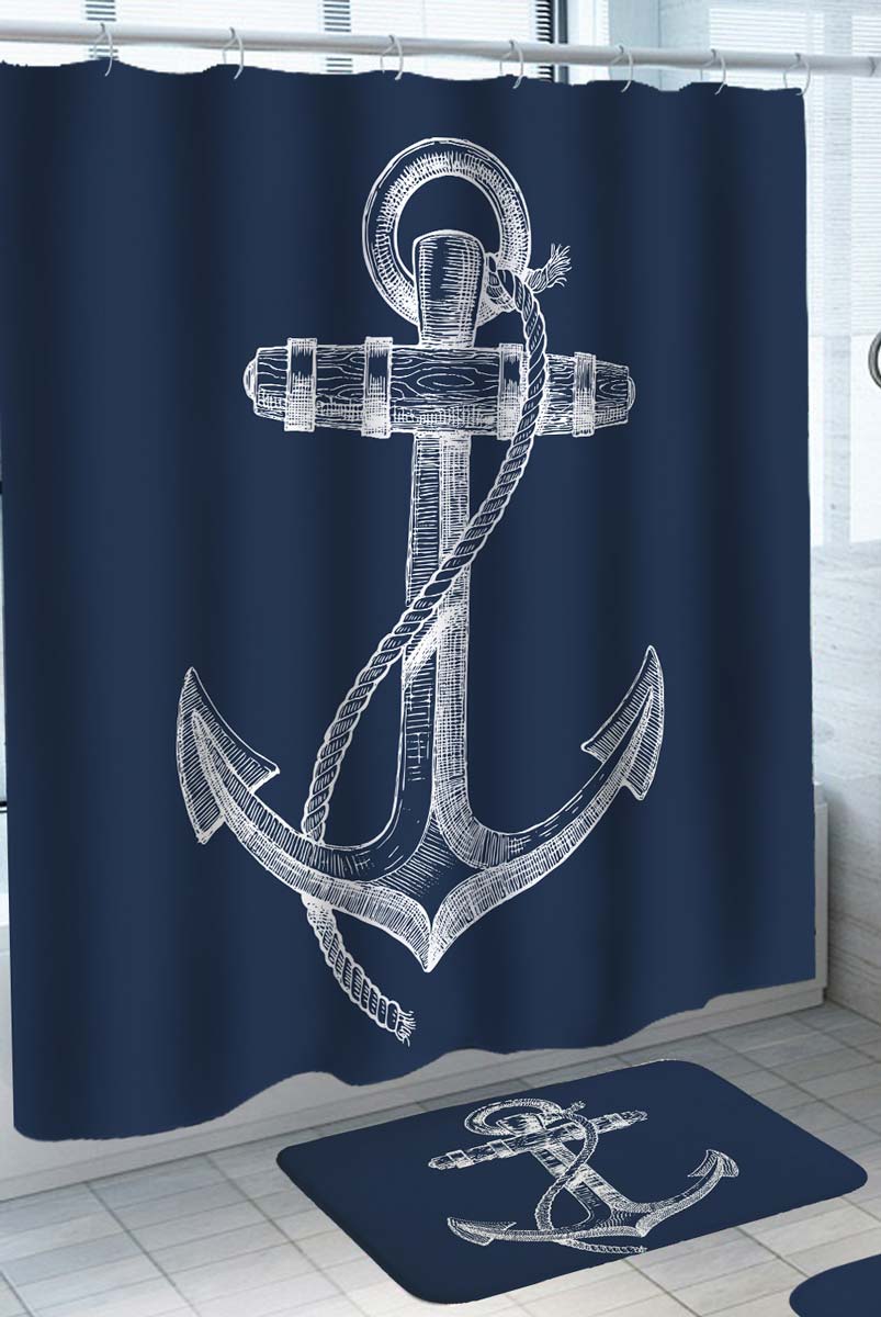 White Anchor Shower Curtain Drawing over Blue