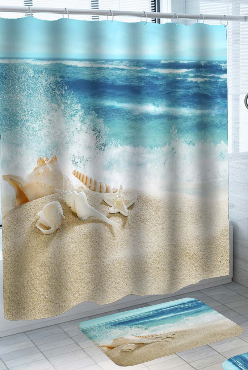 White Beach Sand and Wavy Ocean Shower Curtain