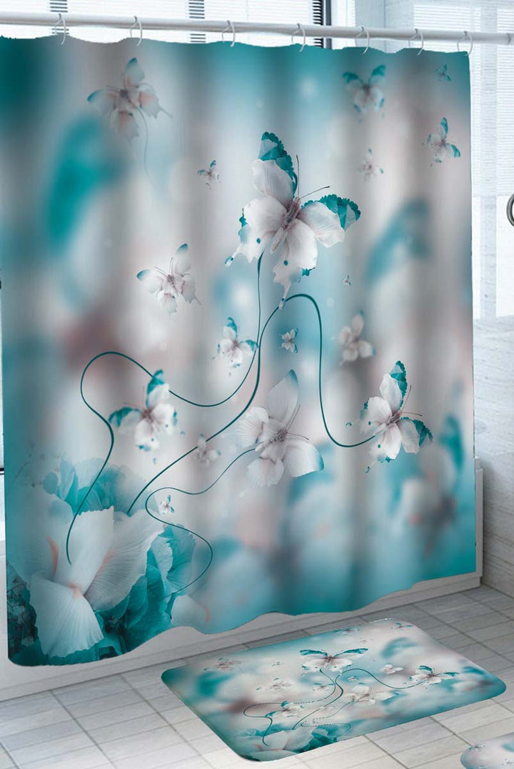 White Blue Butterflies Shower Curtain