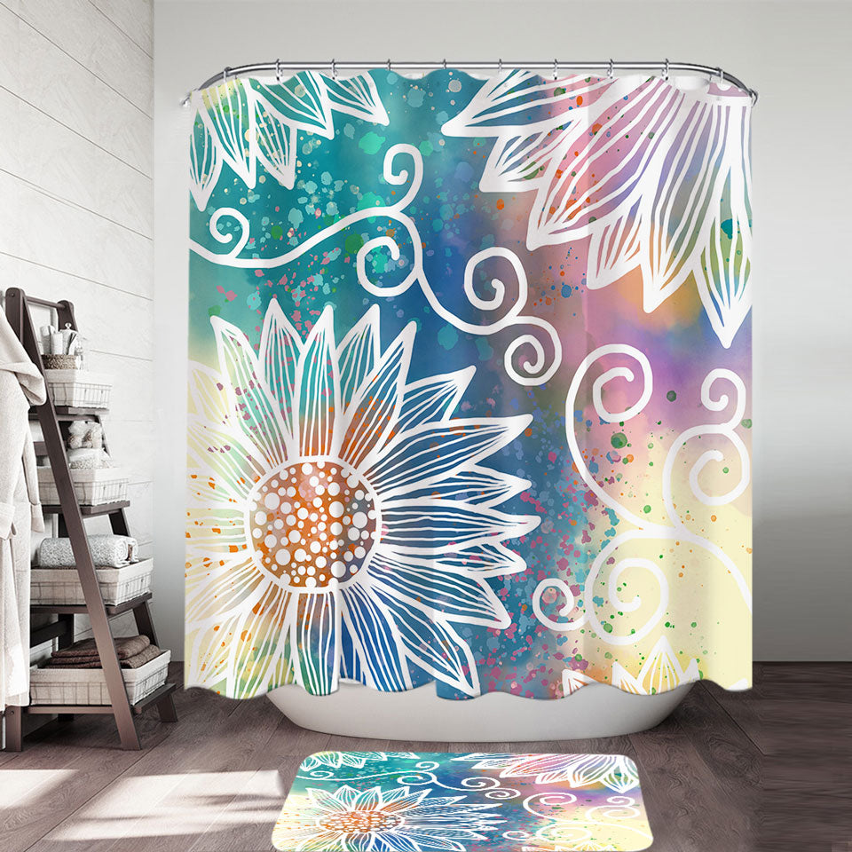 White Flower Drawings over Colorful Shower Curtains